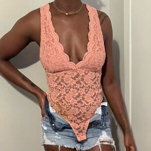 Peach Lace Bodysuit - Women Tops